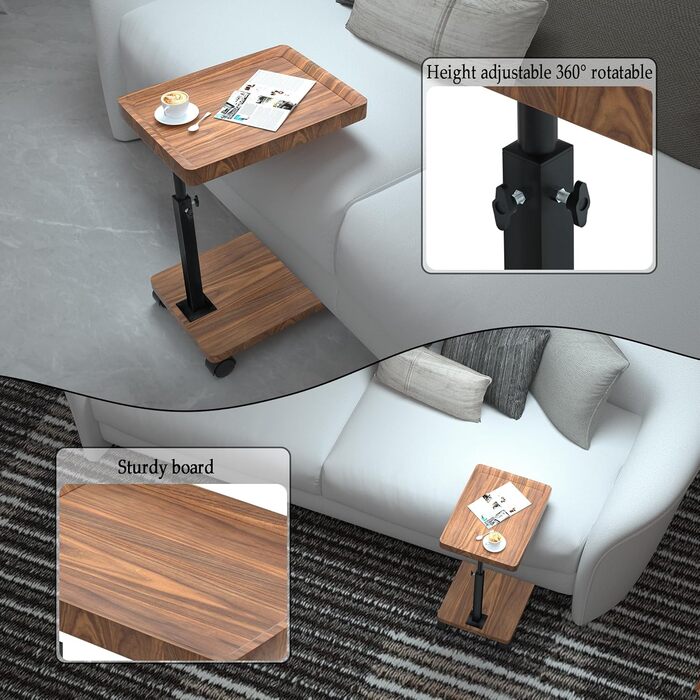 Журнальний столик з колесами Журнальний столик з регульованою висотою (45-80 см) Дерев&39яні жорстокі столики, С-подібної форми, обертаються на 360, з горіховим покриттям Невеликий журнальний столик для вітальні, дивана, кушетки (горіх)
