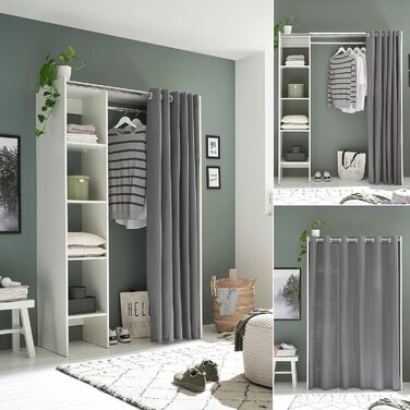 Регульована шафа JENKE біла з тканинною шторою - Універсальна шафа для всього використання з продуманим внутрішнім плануванням - 120-157 x 195 x 50 см (Ш/В/Г)