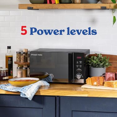 Мікрохвильова піч Russell Hobbs RHM2076B 20 літрів 800 Вт чорна соло з 5 рівнями потужності, автоматичним розморожуванням, 8 автоматичними меню приготування, годинником і таймером, легке очищення 20 л цифрове