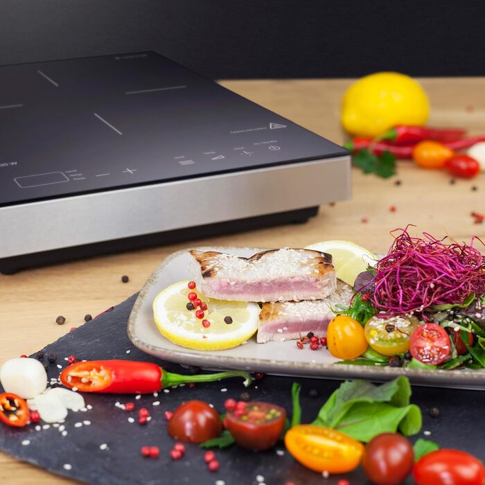 Індукційна варильна поверхня CASO S-Line 2100 мобільна, переможець тесту, точний SmartControl 60-240C, таймер до 180 хв., каструлі до 24 см, 2100 Вт, склокераміка, нержавіюча сталь, чорний одинарний індукційний одинарний