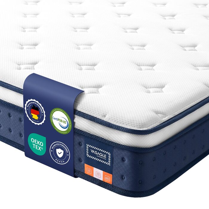 Матрац VASAGLE, 140 x 200 x 20 см, пружинний матрац з гелевої піни з ефектом пам&39яті, середньої жорсткості, H3, 7-зонна підтримка, ізоляція руху, дихаючий чохол, синій RMZ214QZ02 140 x 200 см 20 см
