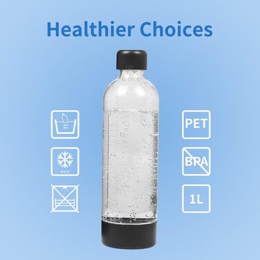 Акумуляторна содова машина Skyehomo з портативною ПЕТ-пляшкою без BPA об'ємом 1 л, автоматичним скиданням тиску, виробником газованої води матового чорного кольору, карбонатором, сумісним зі стандартним циліндром (не входить у комплект)