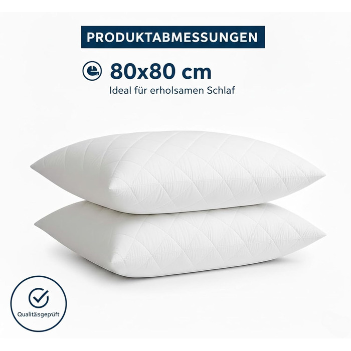 Стьобані подушки, 2 шт. (80x80 см), подушки готельної якості, подушки для сну на боці, швидко відновлюються, пилонепроникні, високоякісні наповнені подушки 80x80 см - 2 шт., білі