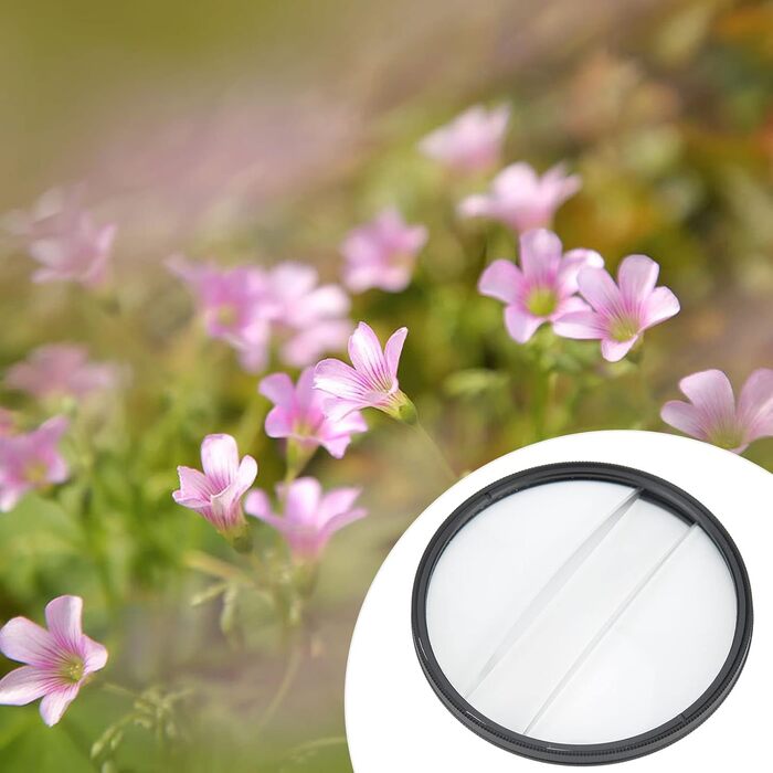 Подвійний скляний роздільний діоптрійний фільтр, 77-мм розділений діоптрійний призматичний фільтр камери Подвійний скляний розділений діоптрійний фільтр для обєктива Розмиття центрального фільтра масштабування, для дзеркальних фотоапаратів на відкритому п