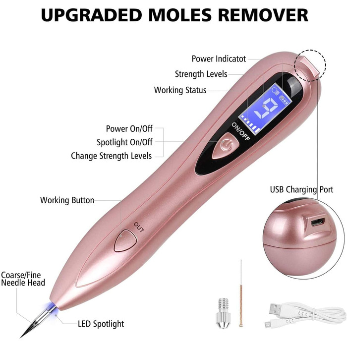 Видалення родимок - Професійна ручка для краси VOONEEN Mole Removal, з 9 рівнями міцності для обличчя і тіла, видалення бородавок, невусів, родимок, з золотим USB-акумулятором