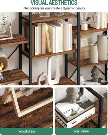 Книжкові полиці Hzuaneri, окремостоячий стелаж, полиця з 17 полицями, 6 ярусів, регульована відстань, 24 x 152 x 186 см, вантажопідйомність 340 кг, вітальня, офіс, вінтажний коричнево-чорний BC10101B