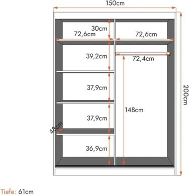 Шафа з дзеркалом, розсувні двері - Шафа з розсувними дверима, шафа для спальні - 61 x 150 x 200 см - Шафа для спальні, гардеробної, шафа - чорний, білий