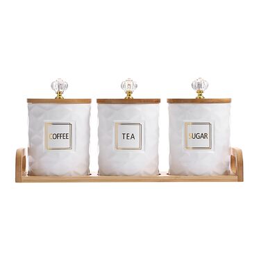 Набір керамічних контейнерів для зберігання, біла керамічна банка з бамбуковою кришкою та підносом, герметичні контейнери для зберігання продуктів на кухонній стільниці, 3 контейнери для цукру, кави, чаю, місткістю 1 літр кожен