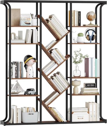 Книжкова полиця Hzuaneri, 3 колони, 6-ярусна книжкова шафа у формі дерева, 17 відкритих незалежних полиць, для домашнього офісу, спальні, вітальні, 24 x 156 x 180 см, вінтажний коричнево-чорний BC53201B