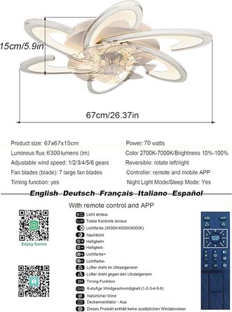 Стельовий вентилятор Bossen з підсвічуванням, 67см, 70Вт тихий сучасний світлодіодний стельовий вентилятор з пультом дистанційного