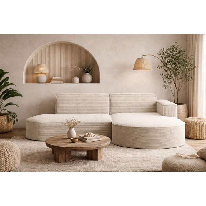 Кутовий диван з вітальнею, L-подібний кутовий диван, 3-місний диван, м&39який диван, зручний диван з пуфом для вітальні, розкладний диван, стильний вельветовий диван, Modena Studio, бежевий, правий, бежевий