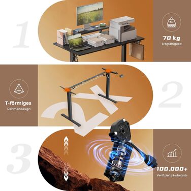 Стіл Klicelor з регульованою висотою та рухомою підставкою для монітора, 140x60 см, стіл для роботи сидячи/стоячи з 2 кнопками пам&39яті, 3-секційна стільниця, комп&39ютерний стіл, чорний 140 x 60 см