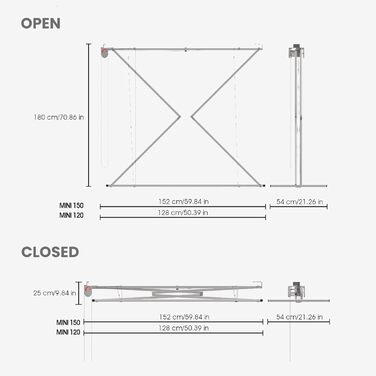 Стельовий візок для одягу, вертикальний візок для одягу, складний з алюмінію та сталі 152x54x25 см (сірий, 150) 152 см Сірий