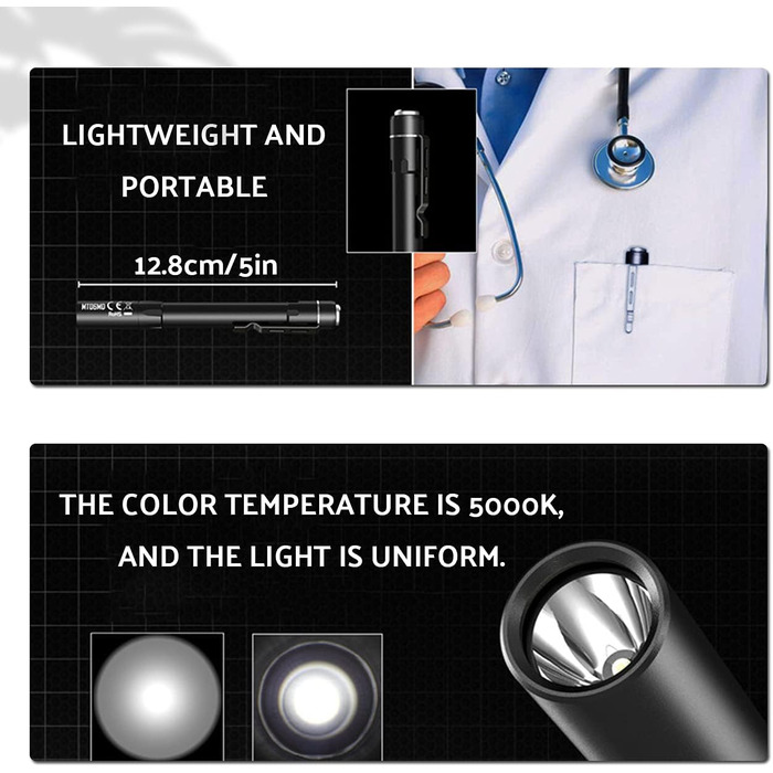 Професійний аварійний ліхтарик-ручка, світлодіодний ліхтарик із затискачем, колірна температура 5000K, простий у використанні та перенесенні, регульована яскравість, водонепроникний IPX8, стійкий до падінь