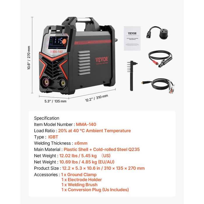 Зварювальний апарат VEVOR TIG 4-в-1 (великий LED-дисплей) DC-Pulse TIG / DC-Pulse MMA / Lift TIG / MMA, інвертор з синергетичним керуванням IGBT, функція гарячого старту, 140А