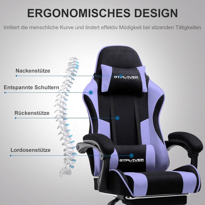 Тканина для ігрового крісла GTPLAYER, офісне крісло, масажне ігрове крісло, ергономічне ігрове крісло з підставкою для ніг, підголівник, масажна подушка для попереку, м&39яке ігрове крісло, обертове крісло, фіолетове