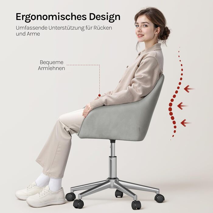 Крісло для домашнього офісу WOLTU, стілець для столу, обертове крісло, туалетний стілець, регульована висота, вантажопідйомність до 150 кг, з підлокітниками, оксамитове сидіння, для спальні, офісу, вітальні, світло-сірий BS145hgr світло-сірий оксамит