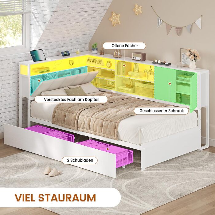 М&39яке ліжко/диван-ліжко 90x200 зі світлодіодним освітленням, зарядною станцією, кушеткою, дитячим ліжком з 2 шухлядами та металевим рейковим каркасом, узголів&39ям з місцем для зберігання, відкритими полицями, шафою, біле 90 x 200 см