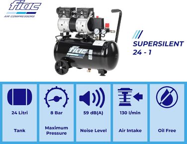 Малошумний мобільний повітряний компресор FIAC SUPERSILENT 24, безмасляний, максимальний тиск 8 бар, 1 к.с., 24-літровий бак, ріве