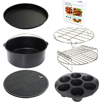 Аксесуари для фритюрниці 22 см XL 7 шт. з формою для кексів, формою для піци, силіконовою чашкою для випічки, кулінарною книгою рецептів для 5.3Qt - 6.8Qt Пароварка для фритюрниці 22.9 см - 7 шт.