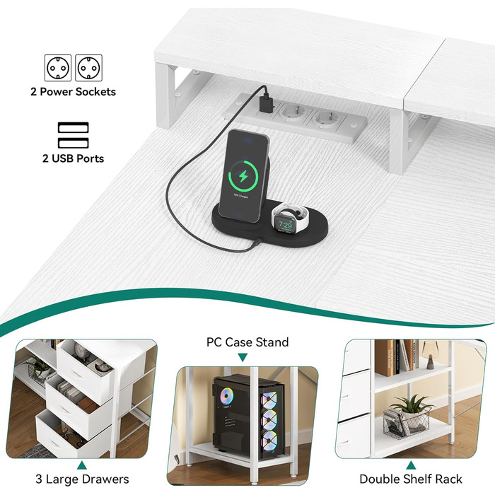 Подібний письмовий стіл із USB-портом для зарядки та розеткою, двосторонній кутовий стіл із 4 шухлядами та полицею, ігровий стіл із підставкою для монітора, 140x100 см, комп&39ютерний стіл для офісу, білий