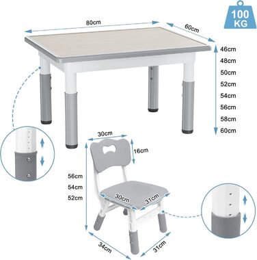 Дитячий стіл з 2 стільцями, регульована по висоті 3-секційна дитяча комплектація сидінь, пластикові меблі для дитячої кімнати, ігровий стіл/парта для дітей віком від 2 років, 80x60 см
