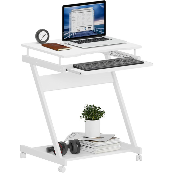Невеликий комп&39ютерний стіл з 4 колесами (2 з гальмами), Z-подібний комп&39ютерний стіл з підставкою для клавіатури для дому та офісу, 60 x 48 см, білий, 60 x 48 x 73 см