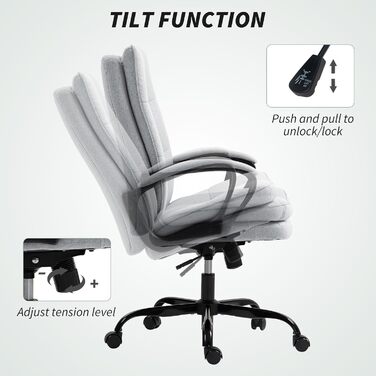 Офісне крісло керівника HOMCOM, тканинне комп&39ютерне крісло з двошаровою оббивкою, висока спинка, безшумні поворотні колеса, підлокітники, регулювання висоти, функція нахилу для домашнього використання, світло-сірий колір