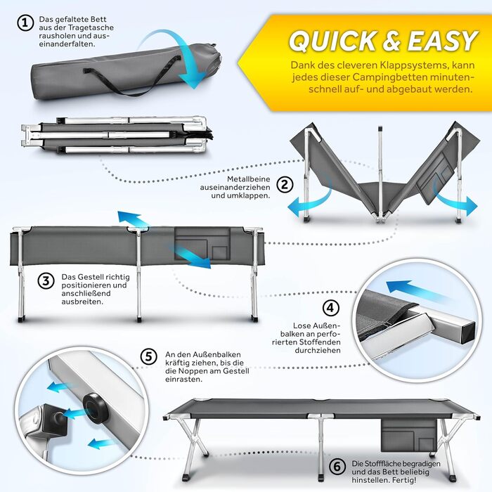 Кемпінгове ліжко, Похідне ліжко, 190 x 64 x 44 см, Металева труба - Вантажопідйомність до 150 кг, 190 x 64 x 44 см, Сірий