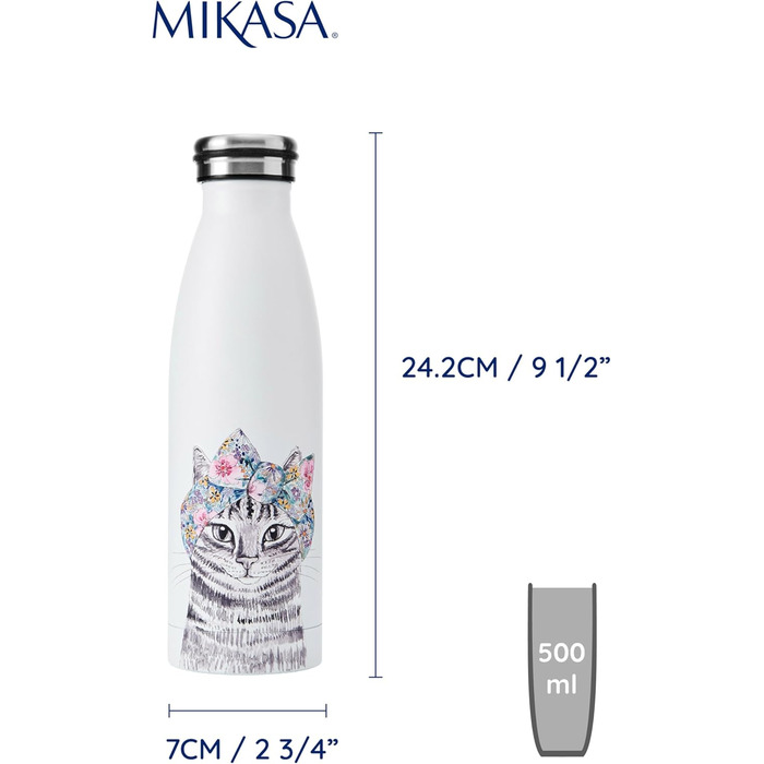 Пляшка MIKASA Tipperleyhill з нержавіючої сталі з подвійними стінками, 500 мл, вакуумно-ізольована, зберігає напої гарячими та холодними, пляшка з нержавіючої сталі без бісфенолу А з принтом кота