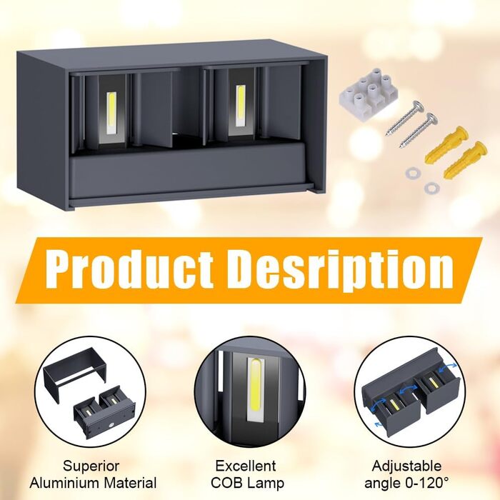 Світлодіодний настінний світильник Klighten 24 Вт для приміщень/зовнішнього використання, лампа 4000K для зовнішнього використання, IP65 з регульованим кутом променя, натуральний білий/антрацит