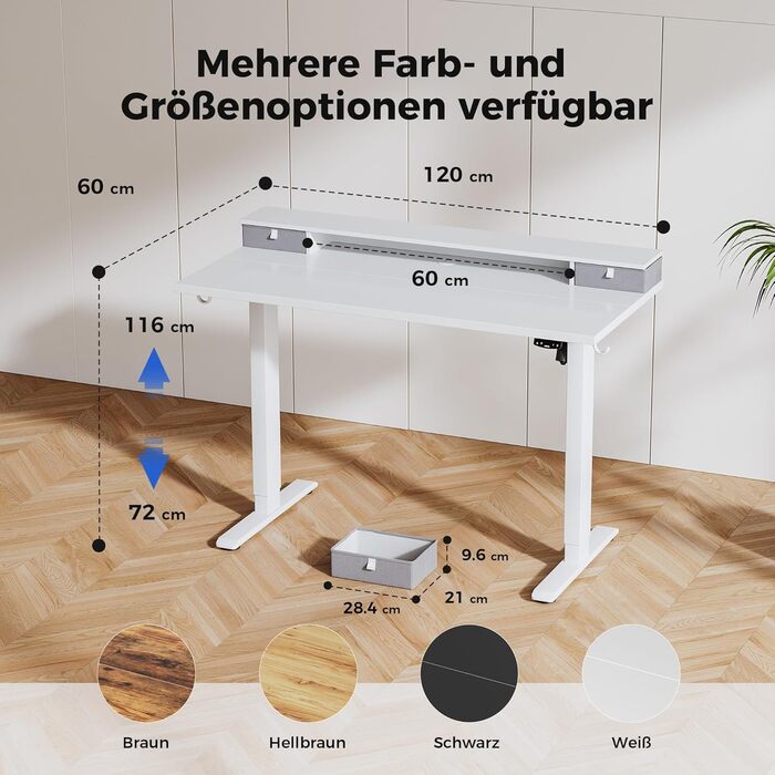 Стіл Agilestic з регульованою висотою та 2 шухлядами, 120 x 60 см Міцний стіл з електричним регулюванням висоти, ергономічний комп&39ютерний стіл для роботи сидячи та стоячи, білий 120 x 60 см