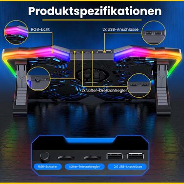 Охолоджувач для ноутбука Offgridtec K25 Pro, підставка з 4 тихими вентиляторами (1100 об/хв), 2 USB-порти, регульована висота, ергономічний дизайн для ігрових консолей та ноутбуків 10-17 дюймів, синій