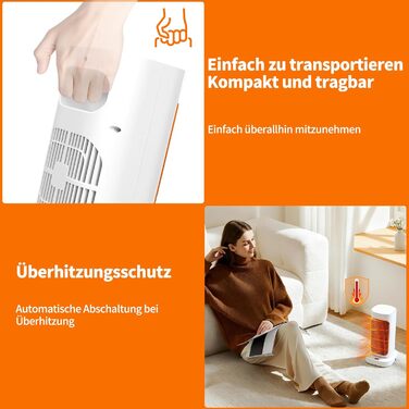 Керамічний вентилятор-обігрівач PTC, швидкий нагрів за 1 секунду, 1200 Вт/1000 Вт, коливання 90 із захистом від перегріву та перекидання, компактний та тихий для спальні та офісу