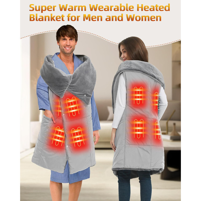 Бездротова ковдра з підігрівом та батареєю 7,4 В для чоловіків та жінок, електрична грілка FERNIDA, портативна шарф-підігрів для дому, офісу, подорожей, походів, сірого кольору