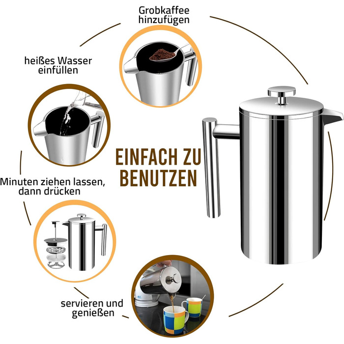 Кавоварка для френч-пресу KICHLY 34 унції - 1000 мл (4 кавові кружки / 8 кавових чашок) - Кавоварка з потрійним фільтром з нержавіючої сталі та ізольованими стінками - Silver Silver 1 літр