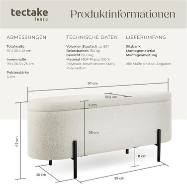 Лавка для зберігання tectake, скриня з кришкою, м&39яка лава/лава для зберігання/лава біля ліжка з місцем для зберігання, ящик для зберігання, скриня для зберігання, оббита тканиною букле в скандинавському стилі