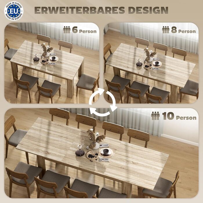 Розсувний обідній стіл HOMCOM 180-260 x 90 см, Кухонний стіл для 8-10 осіб, Сучасний обідній стіл, Дуб, Виготовлено в ЄС