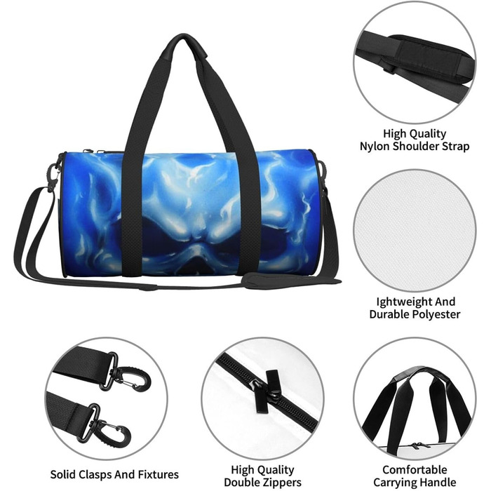 Синя смугаста сумка-дорожня сумка з черепом, кругла, великої місткості, легка та міцна, подарунок для походів, відпустки, ділових поїздок та іншого, синій полумяний череп, універсальний розмір