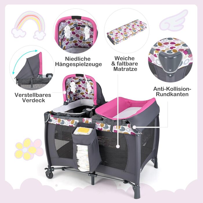 Дитяче ліжечко COSTWAY 5-в-1, дорожнє ліжечко з матрацом, дитяче дорожнє ліжечко, включаючи пеленальний килимок, дитячу колиску та музичний мобіль, колиску з колесами, дитяче ліжечко для немовлят до 36 місяців (рожева крапка) 106Д x 74Ш x 74В см рожевого 
