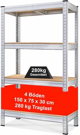Полиця, міцна металева полиця для підвалу, надміцна полиця, полиця для зберігання, що вставляється в розетку, легко збирається, оцинкована, 4 полиці розміром 150 x 75 x 30 см, вантажопідйомність 280 кг 1 полиця - 150 x 75 x 30 см, 1