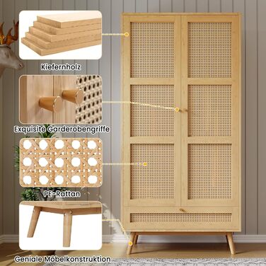 Шафа Moimhear з рейкою для вішалок, 2-дверна шафа, спальня, сітка з ротанга, вітальня, з нижньою відкидною кришкою, ДСП ПЕ ротанг, натуральний колір