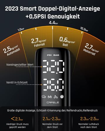 Автомобільна шина міні-компресора CAFELE 160PSI, автомобільний електричний повітряний насос постійного струму 12 В, портативний з 2 цифровими дисплеями, тканинна сумка, автомобільна зупинка, розумне налаштування, кабель 350 см, світло для автомобіля / мот