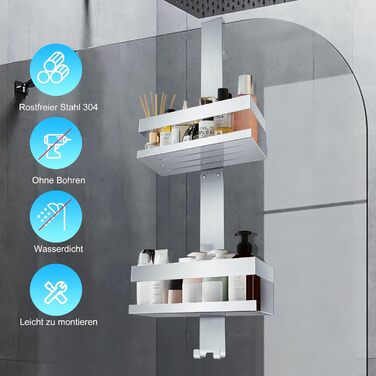 Підвісна полиця для душу, душова стійка з нержавіючої сталі SUS304, не потребує свердління для безрамних скляних дверей, тримач для шампуню та гелю для душу (стиль A (сріблястий))