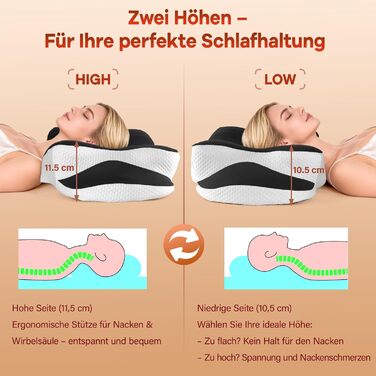Подушка для шиї - Подушка з піни з ефектом пам&39яті - Подушка для зняття болю в шиї - Ергономічна подушка для сну на боці - Подушка для підтримки шиї для сну на боці, спині та животі - Чорна