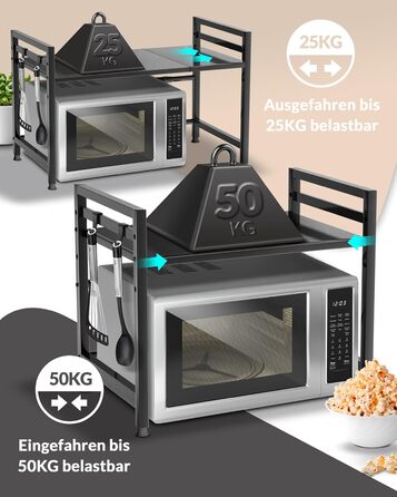 Полиця для мікрохвильової печі, кухонна полиця, стояча, сталь (2-рівнева) Полиця для мікрохвильової печі, шафа для мікрохвильової печі Полиця для зберігання, полиця для пекарні, регульовані по висоті та довжині полиці відеоінструкції, гачки - Чорний, 2-рі