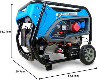 Бензиновий генератор 15 к.с. з електричним стартером Мобільний генератор 400 В 2 x 230 В 6,5 кВт 3-фазний високовольтний генератор 4-тактний бензиновий двигун 420 куб.см Тихий генератор 93 дБ(A)