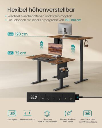 Електричний письмовий стіл SONGMICS з регульованою висотою, 120 x 60 см, безступінчасте регулювання, функція пам&39яті з 4 рівнями висоти, вінтажний коричневий - чорний LSD015X01 120 x 60 см вінтажний коричневий чорний