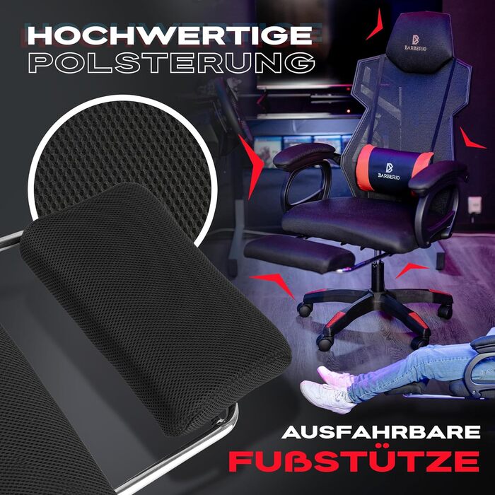 Ергономічне ігрове крісло BARBERIO, офісне крісло, вантажопідйомність 150 кг, повітропроникна сітка, з підставкою для ніг, регульовані підлокітники, сидіння 54 см, поворот на 360, подушка для поперекової підтримки, регульована висота (чорно-червоне)