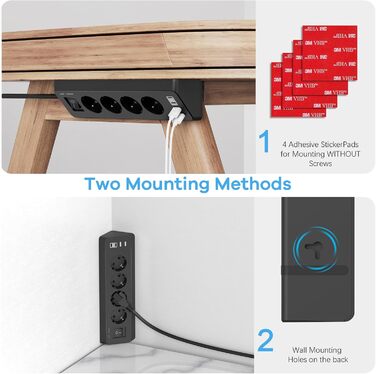 Кутова розетка з 2 USB і 2 Type-C, 4-х секційна розетка з вимикачем, захист від перенапруги з подовжувачем і кабелем 2M для кухні